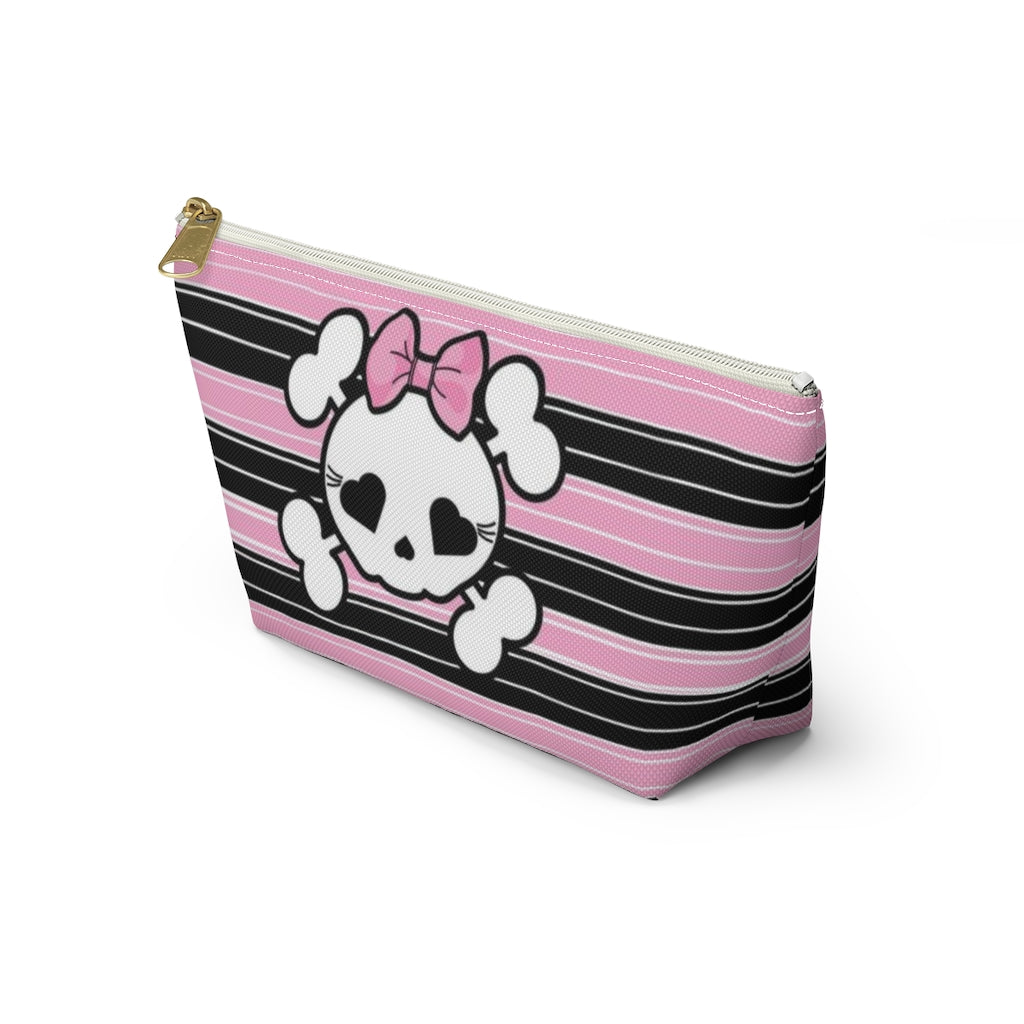 Candy Skull Cosmetic Pouch w T-bottom, Accessory Pouch, Pink Black Stripe