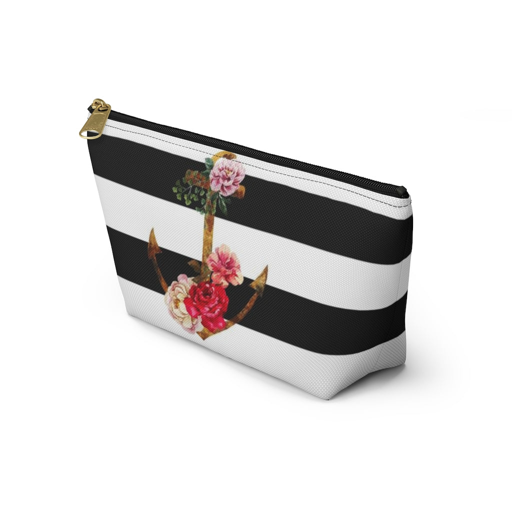 Nautical Cosmetic Pouch w T-bottom, Accessory Pouch, Anchor Flower Stripe