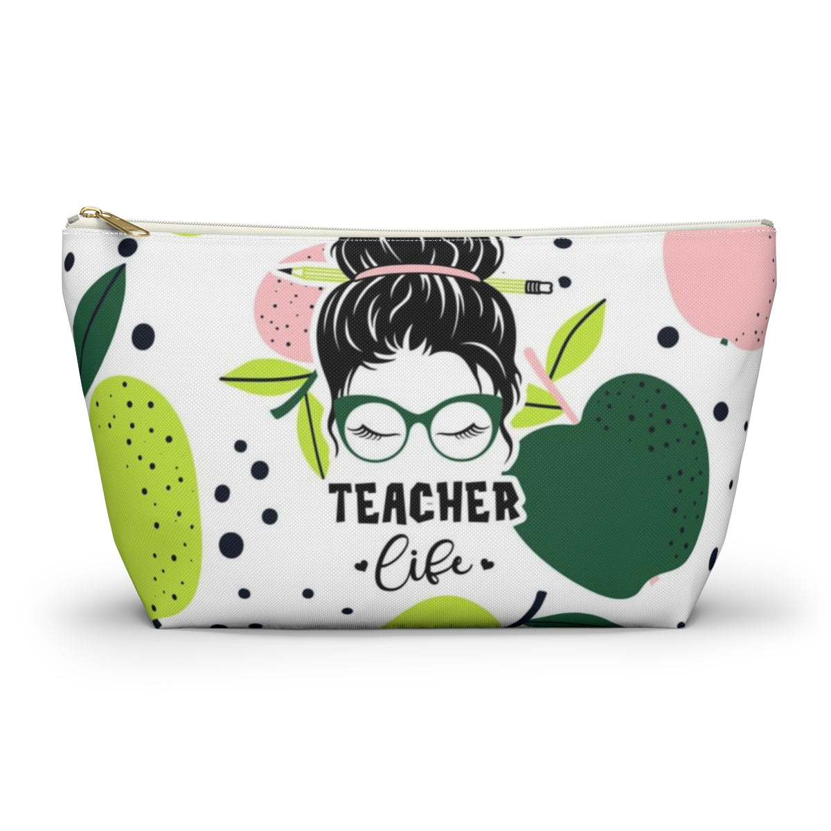 Teacher Life Cosmetic Pouch w T-bottom, Accessory Pouch, Pink and Green Apple Dot