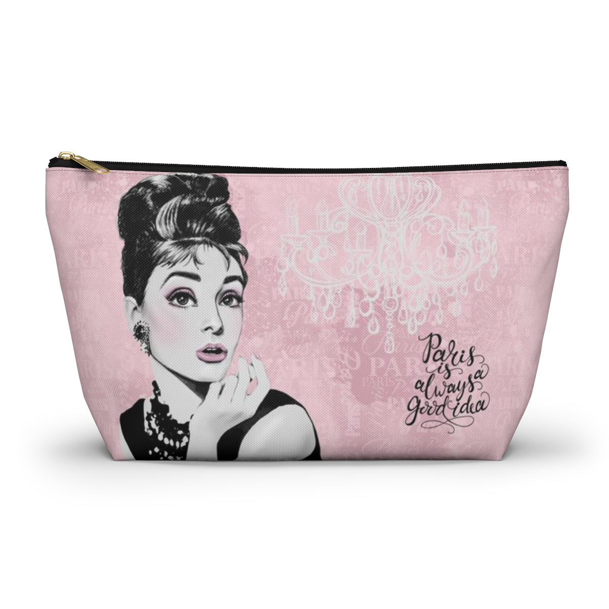 Audrey Hepburn Pouch w T-bottom, Accessory Pouch - Pink Paris is Always a Good Idea Chandelier Bag