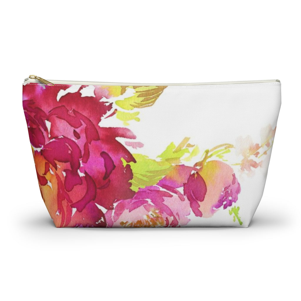 Bright Floral Cosmetic Pouch w T-bottom, Accessory Pouch, Pink