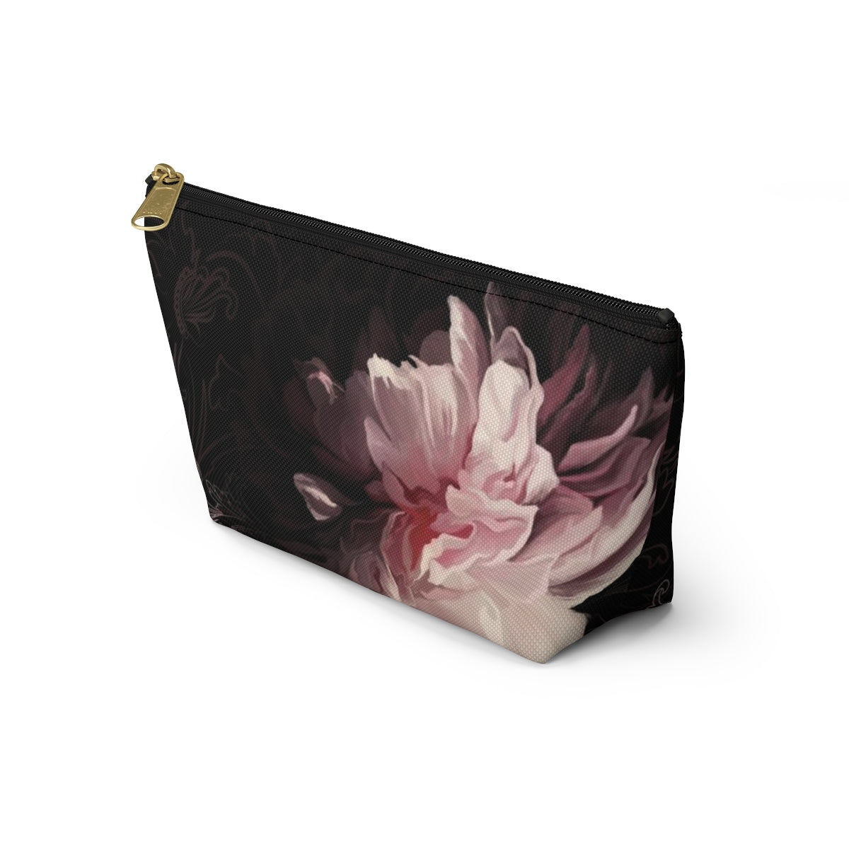 Peony Cosmetic Pouch w T-bottom, Accessory Pouch, Pink Scroll