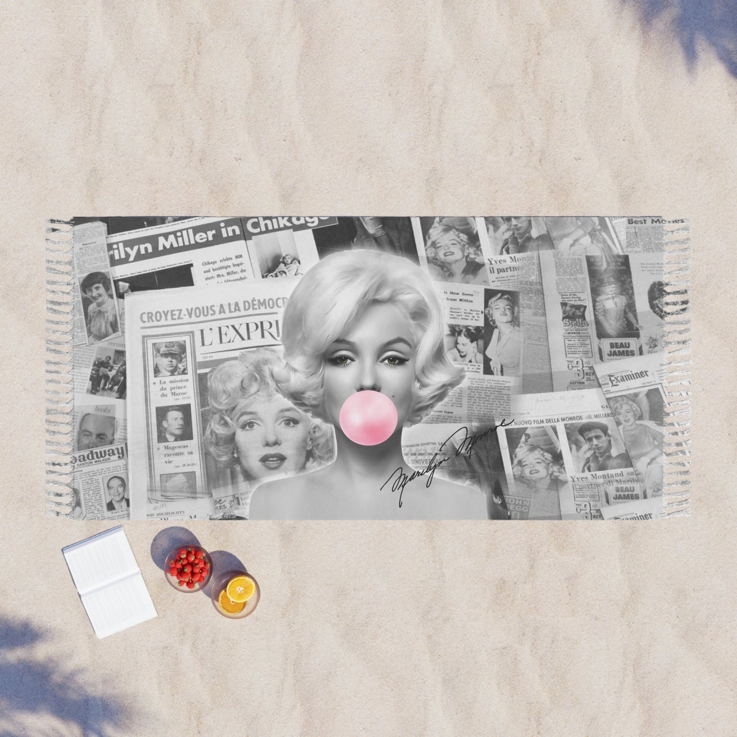 Marilyn Monroe Bubblegum Wrap, Beach Cloth with Fringe - Marilyn Monroe Newsprint, Autograph