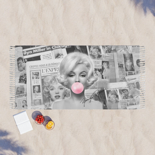 Marilyn Monroe Bubblegum Wrap, Beach Cloth with Fringe - Marilyn Monroe Newsprint, Autograph