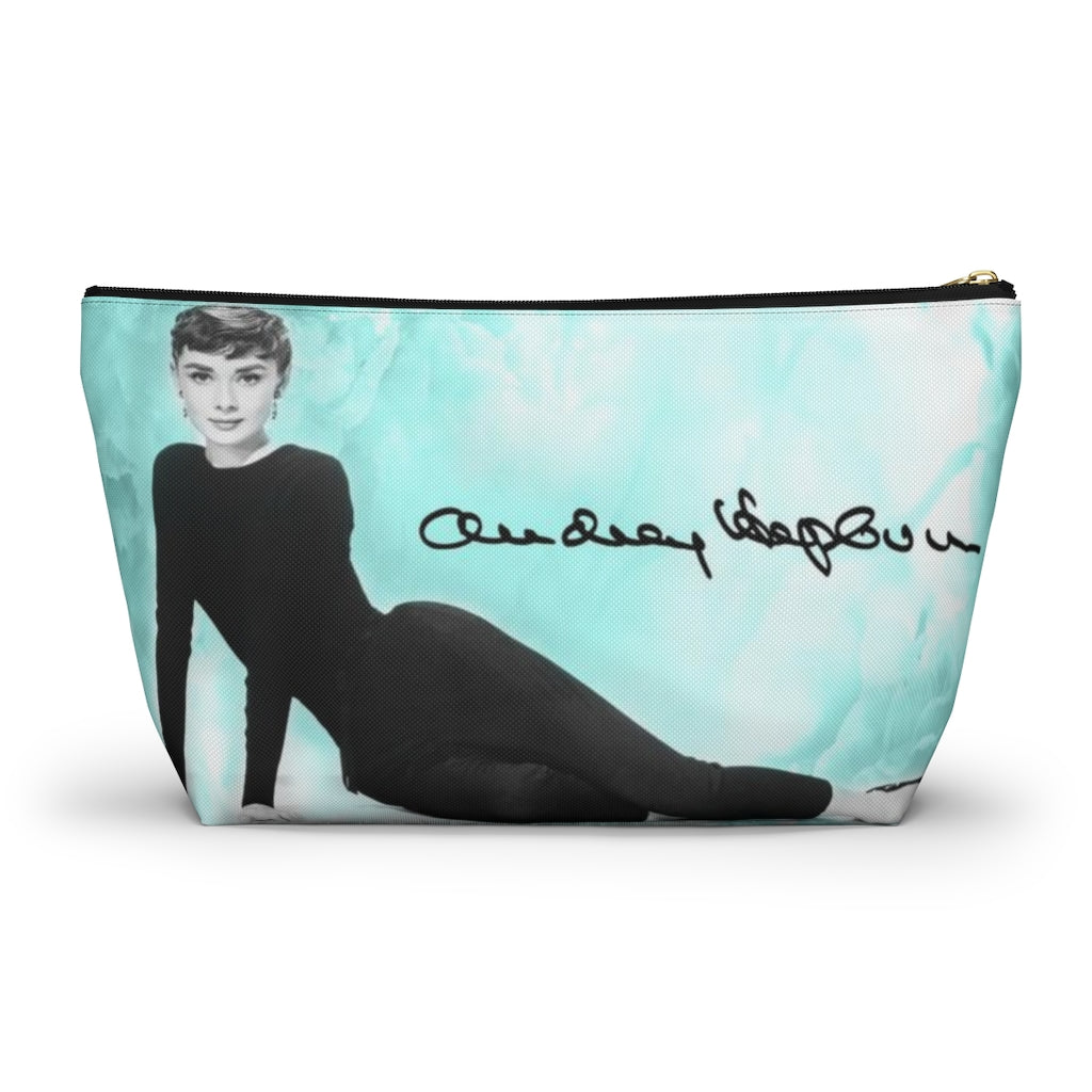 Audrey Hepburn Signature Cosmetic Pouch w T-bottom, Accessory Pouch, Blue Green