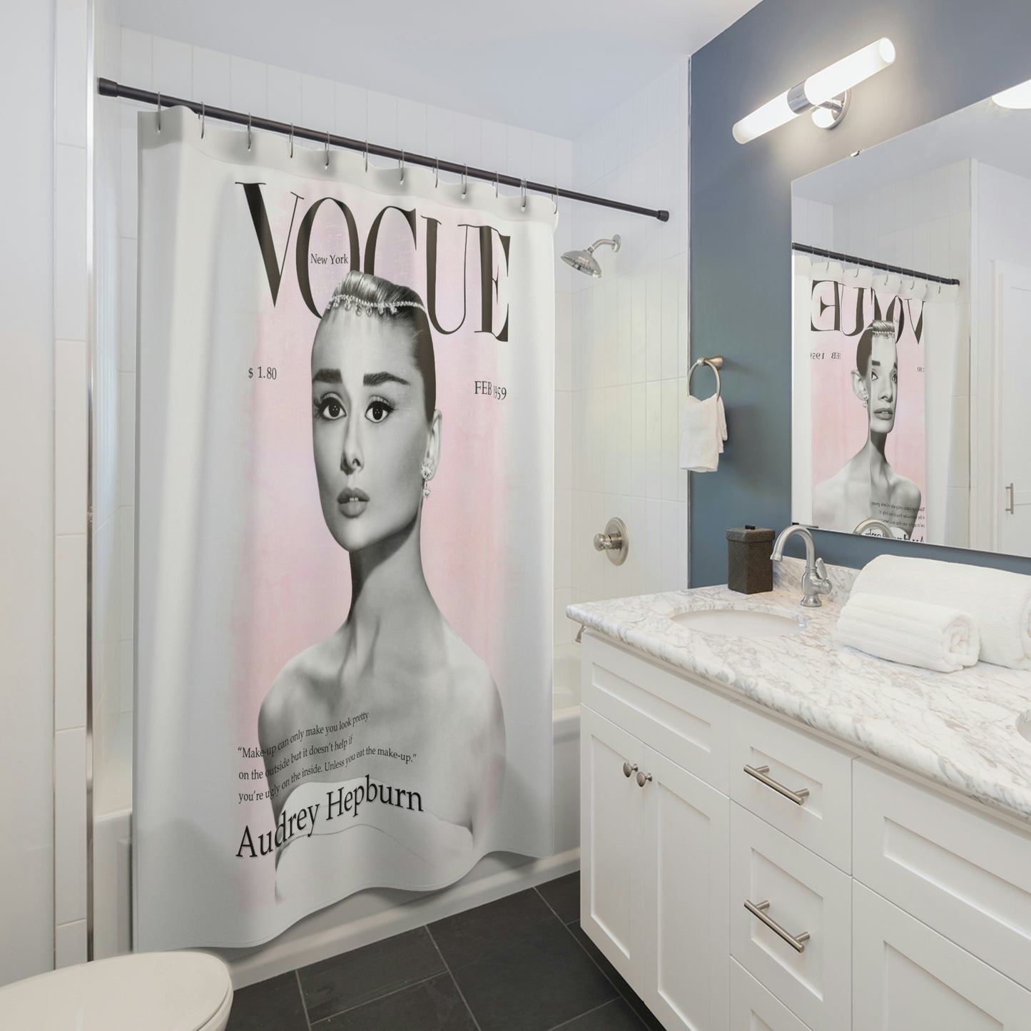 Audrey Hepburn VOGUE Shower Curtain - Fashion Magazine Shower Curtain - Black & White Stripe Bathroom Curtain