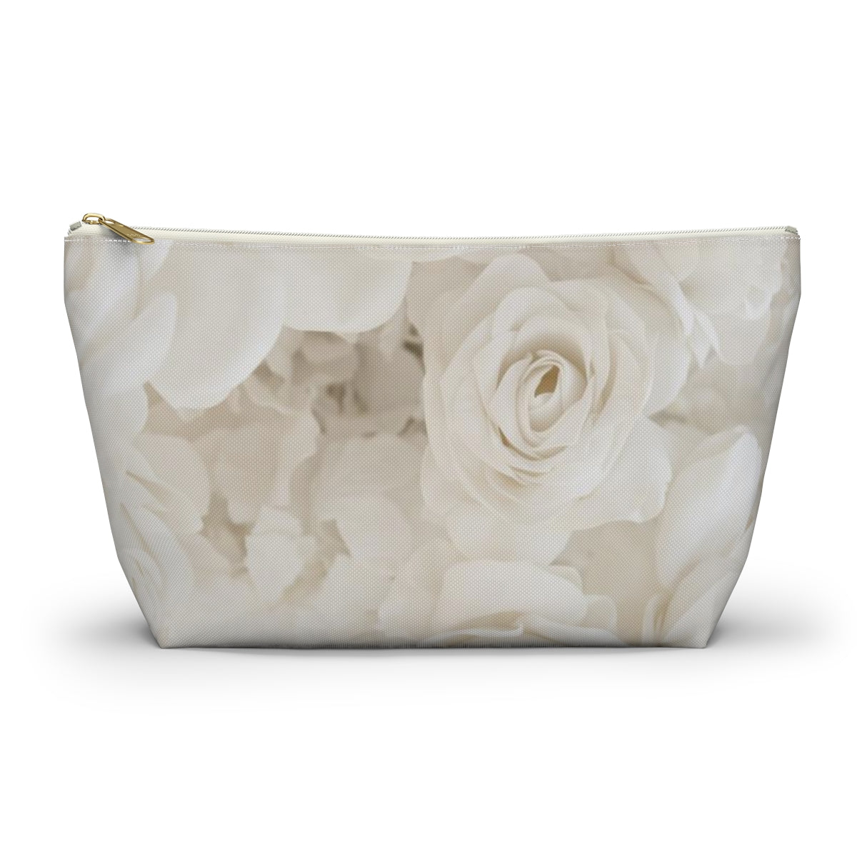 Personalized Cream Rose Cosmetic Pouch w T-bottom, Accessory Pouch - Off White Rose Leopard Print