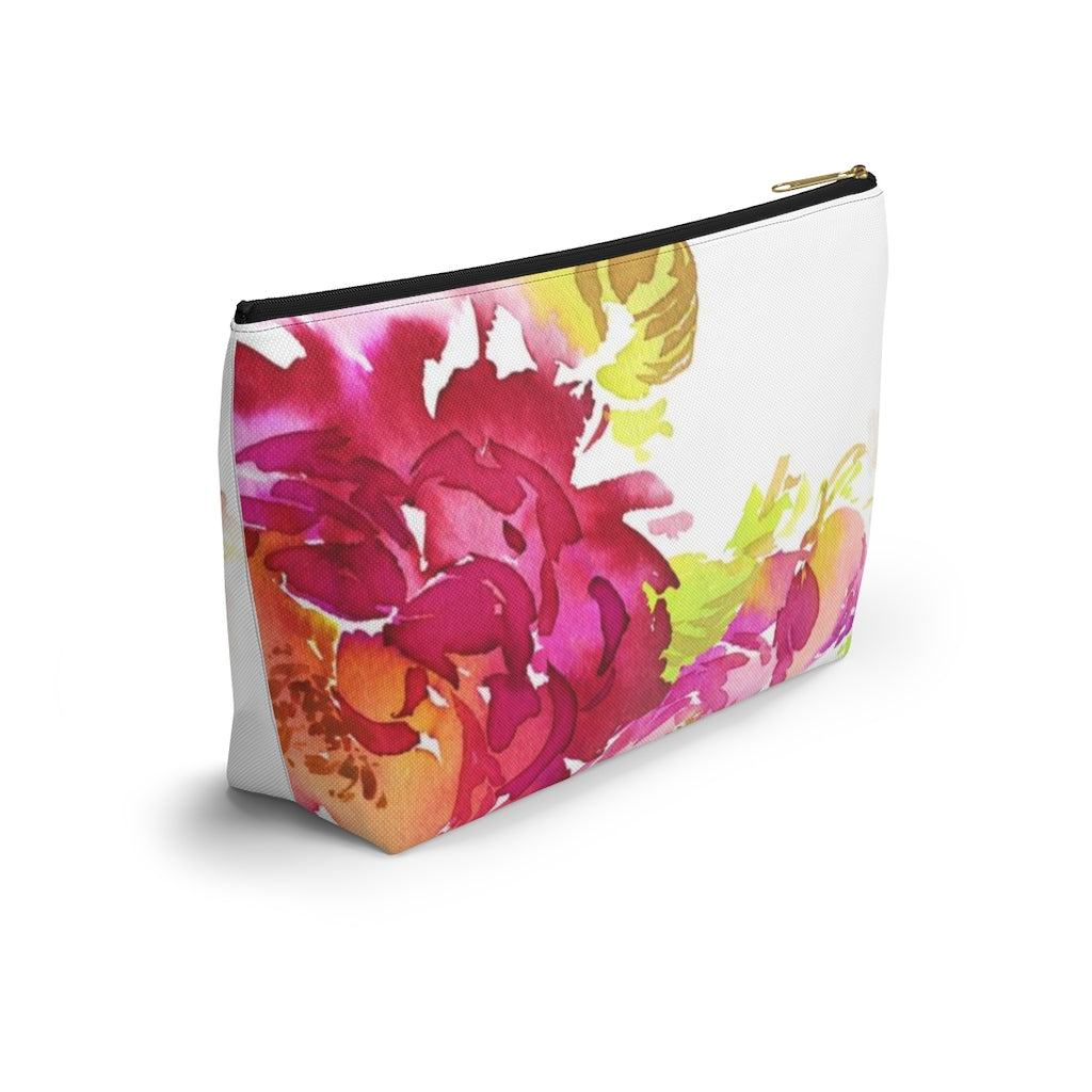 Bright Floral Cosmetic Pouch w T-bottom, Accessory Pouch, Pink