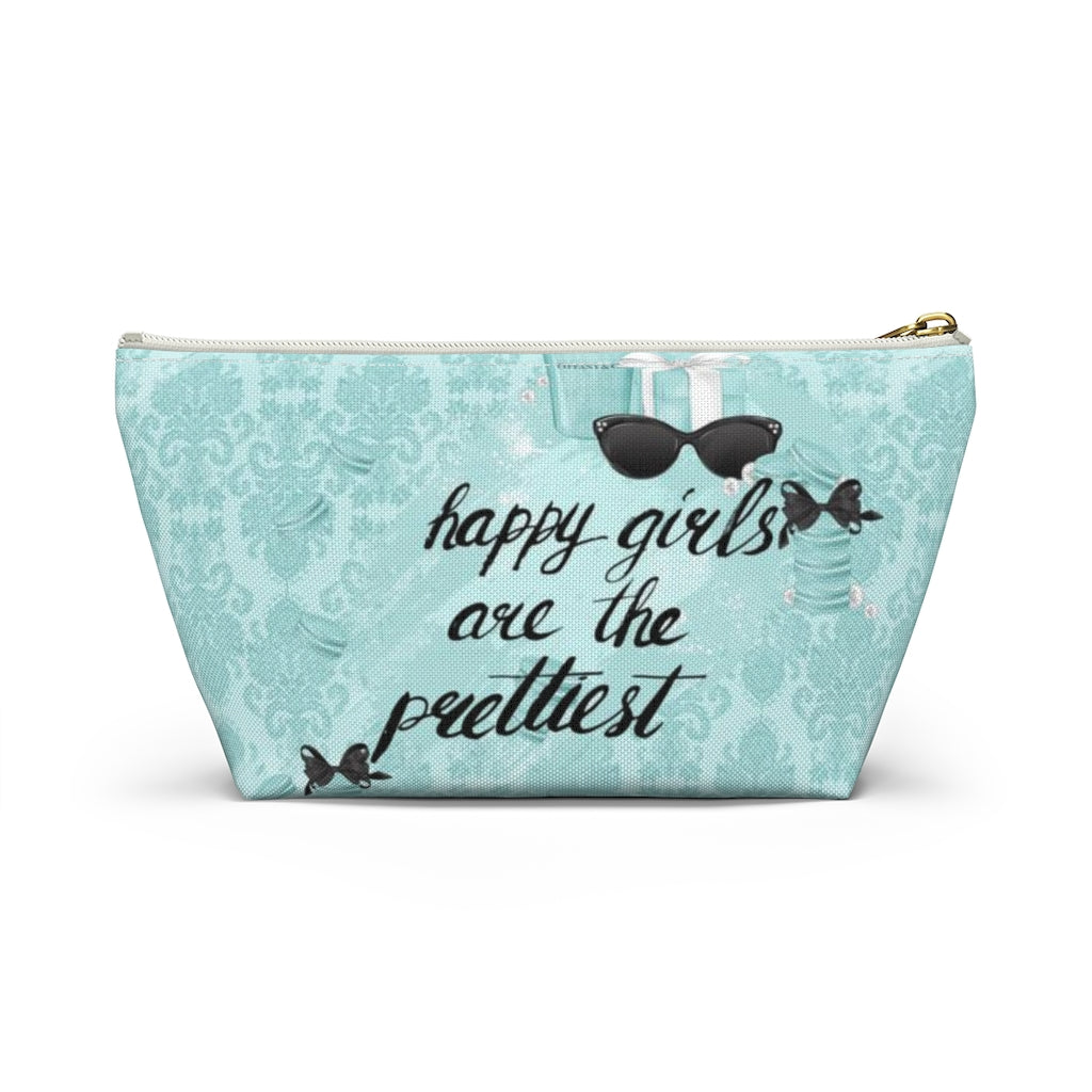 Happy Girls are the Prettiest Cosmetic Pouch w T-bottom, Accessory Pouch, Breakfast at Tiffany