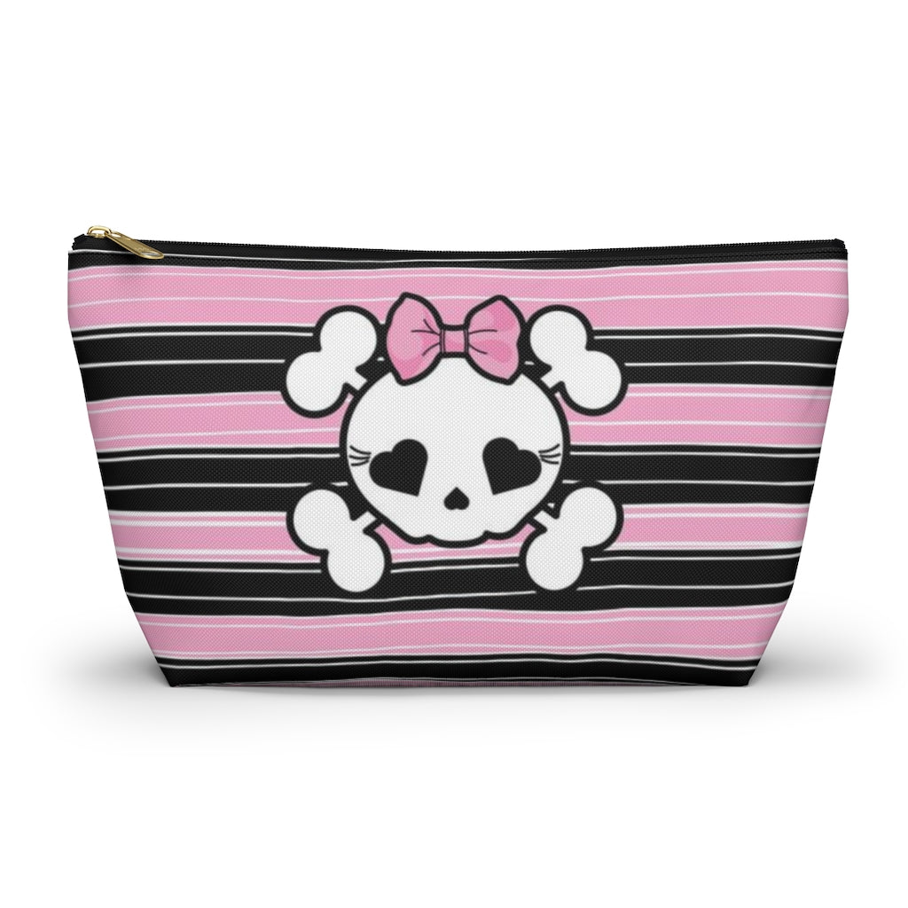 Candy Skull Cosmetic Pouch w T-bottom, Accessory Pouch, Pink Black Stripe