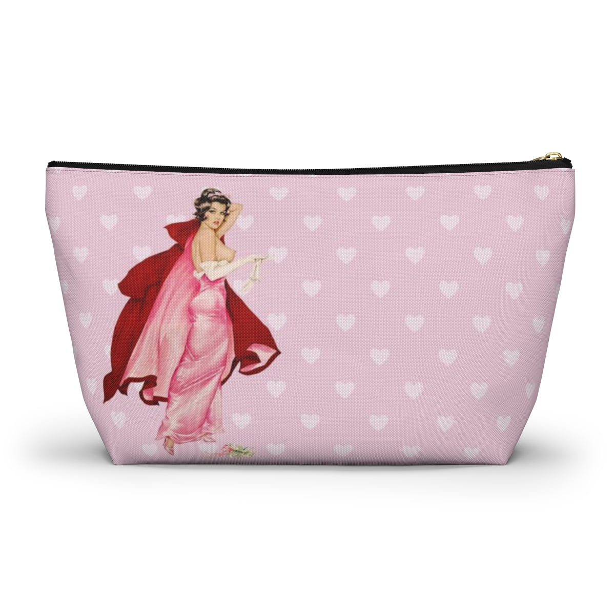 Personalized Pink Pinup Girl Cosmetic Pouch w T-bottom, Accessory Pouch - Red Riding Hood XOXO