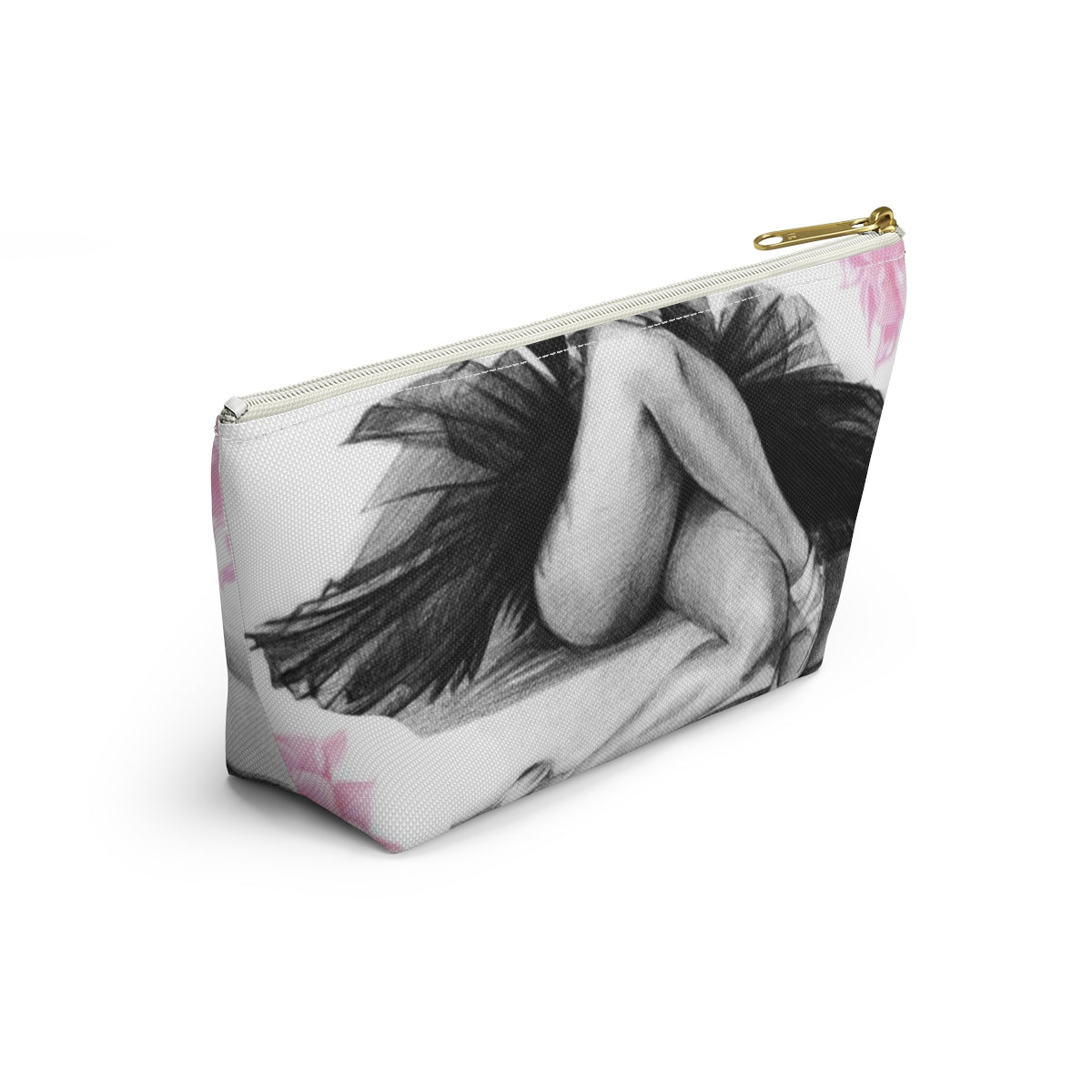 Ballet Cosmetic Pouch w T-bottom, Accessory Pouch, Pink Flowers