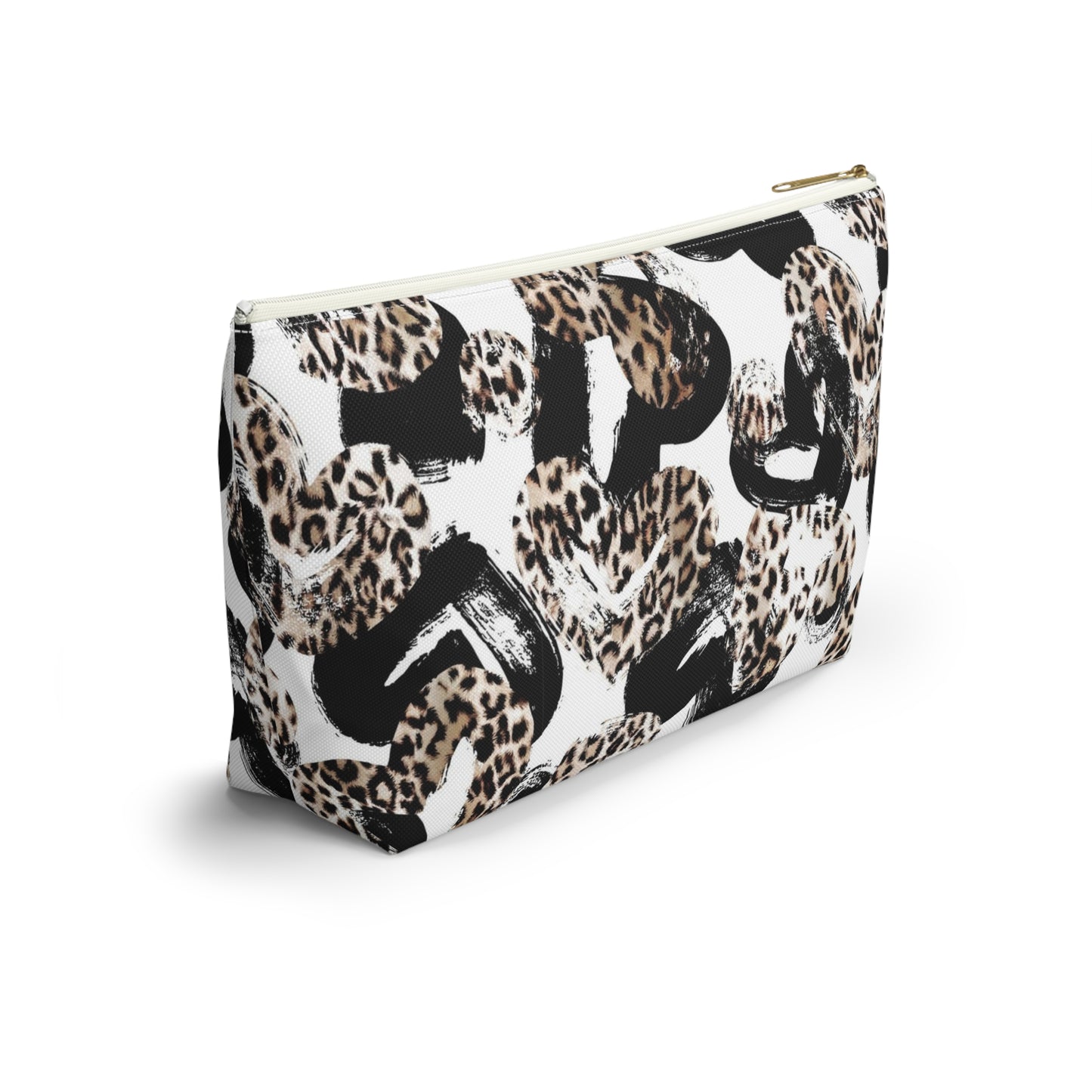 Personalized Leopard Hearts Cosmetic Pouch w T-bottom, Accessory Pouch