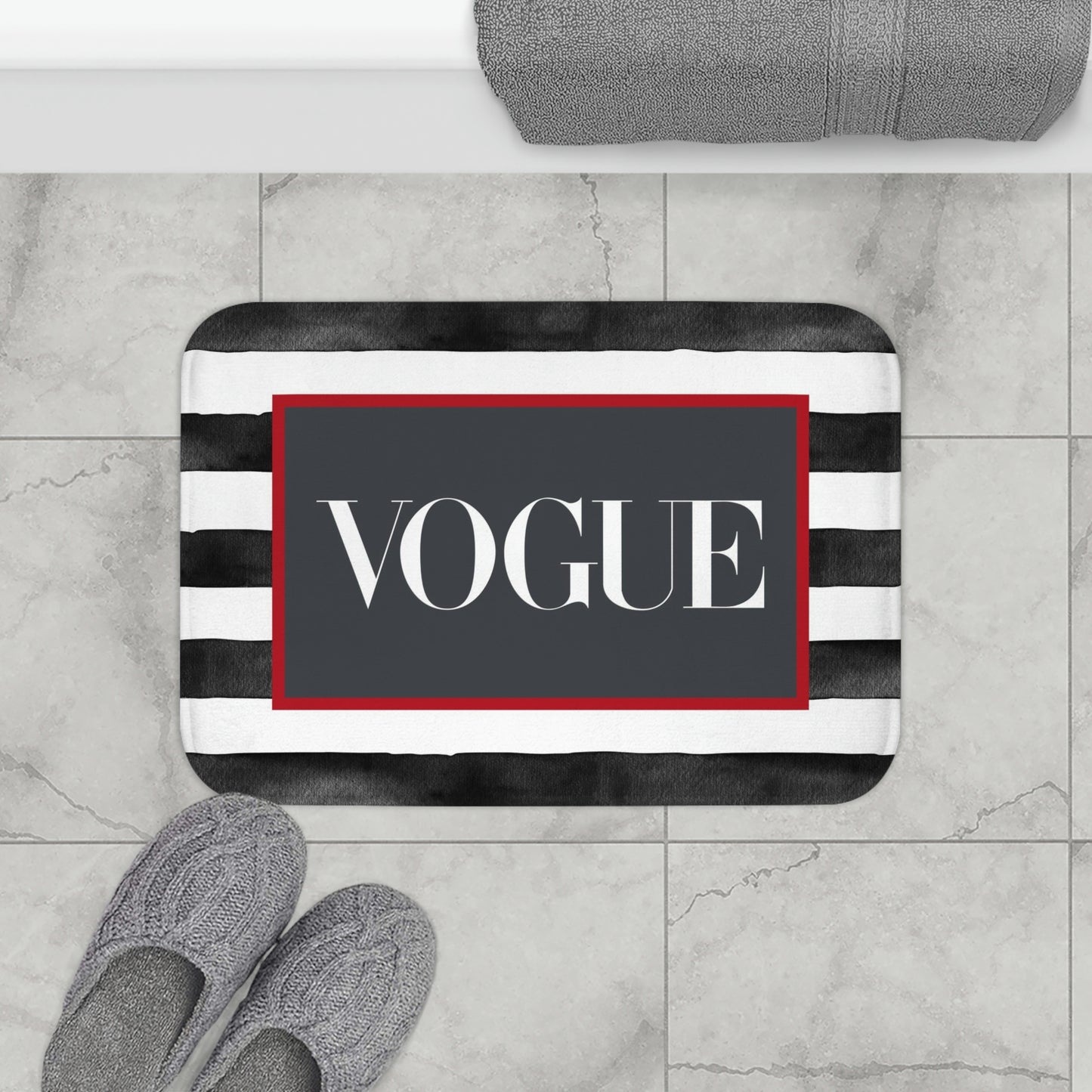 VOGUE Stripe Bath Mat - Fashion Inspired Floor Mat - Black, White & Red Bathroom Shower Mat