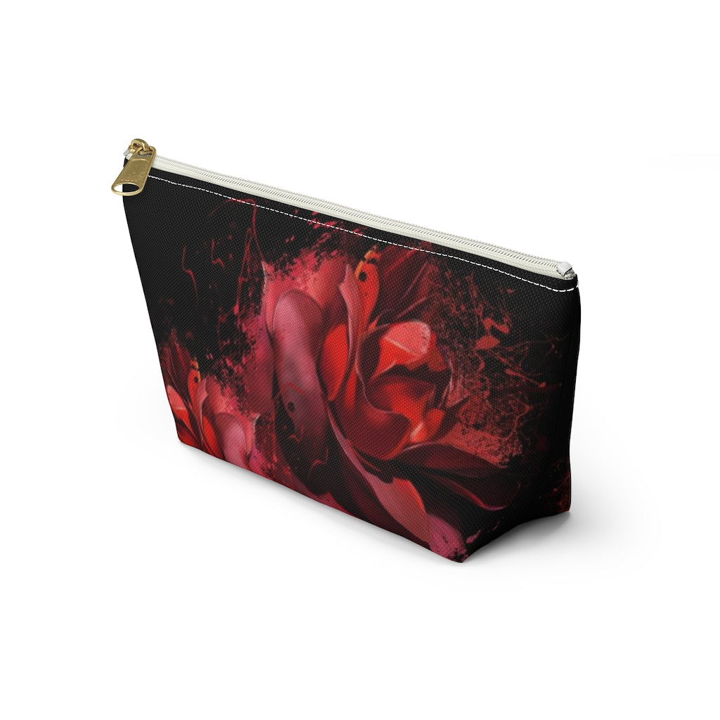 Painted Rose Cosmetic Pouch w T-bottom, Accessory Pouch, Red