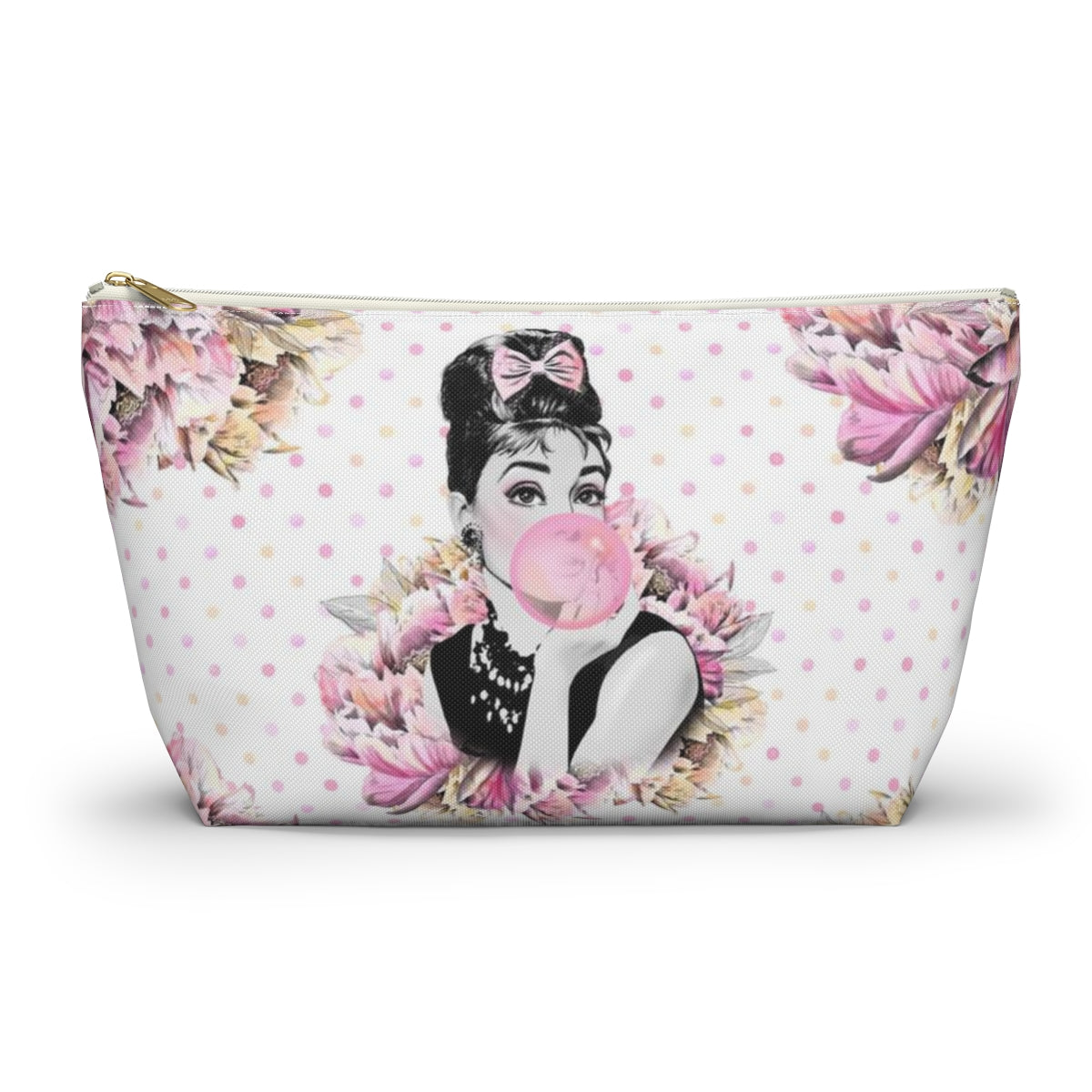 Audrey Hepburn Bubblegum Cosmetic Pouch w T-bottom, Accessory Pouch, Pink Polka Dot