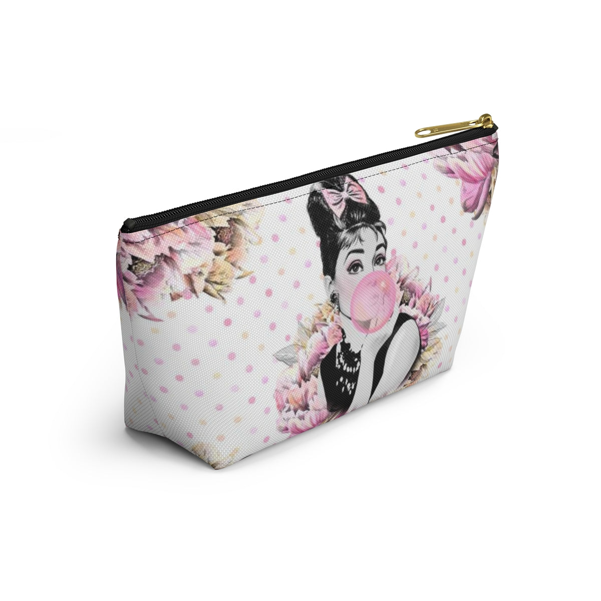 Audrey Hepburn Bubblegum Cosmetic Pouch w T-bottom, Accessory Pouch, Pink Polka Dot