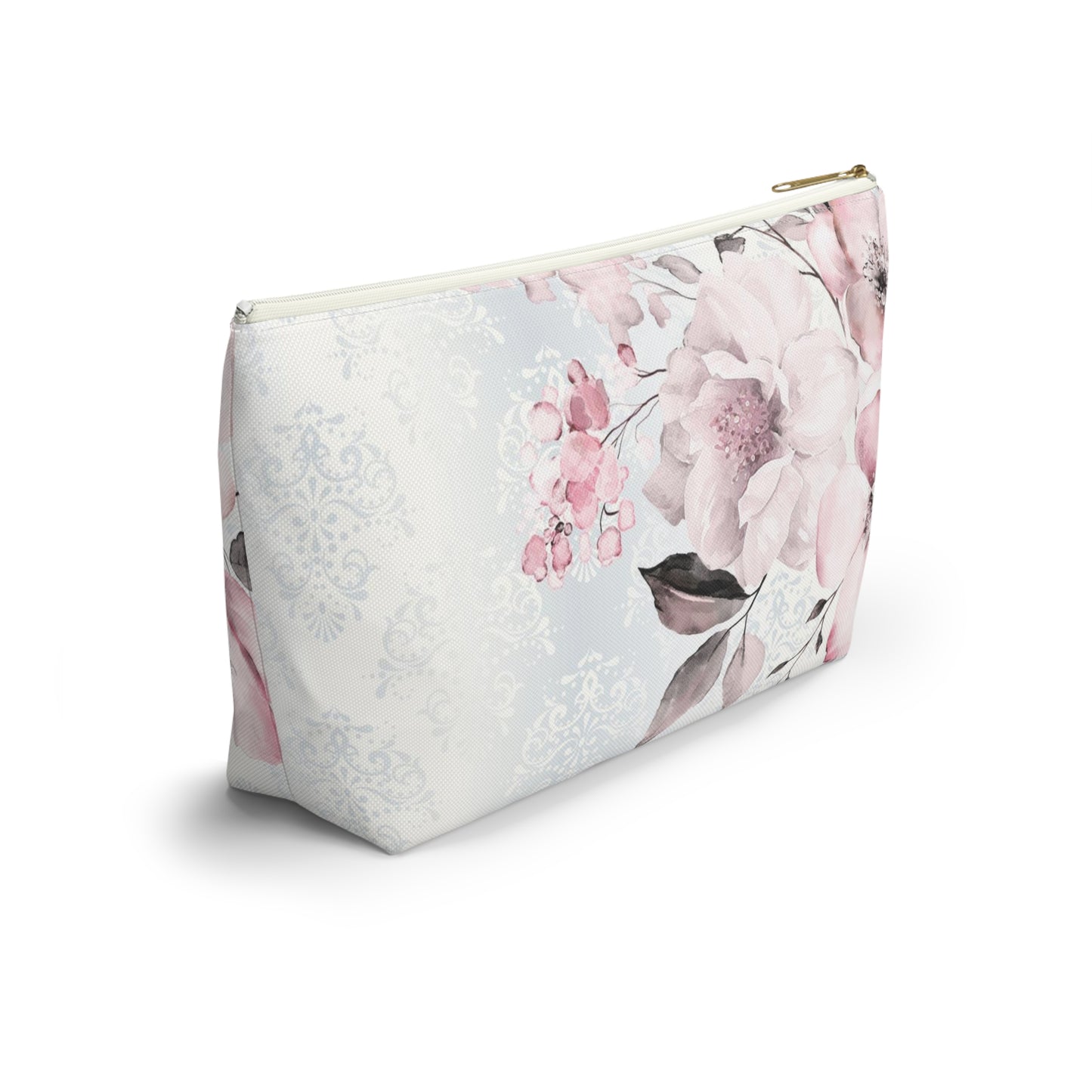 Personalized Pink Flower Damask - Cosmetic Pouch w T-bottom, Accessory Pouch