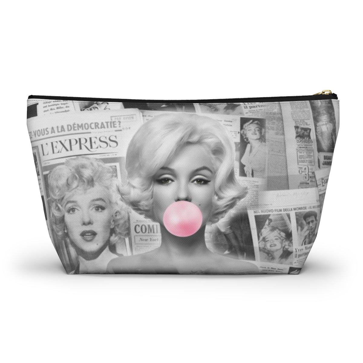 Marilyn Monroe Cosmetic Pouch w T-bottom, Accessory Pouch - Marilyn Bubblegum Pink International News Makeup Bag