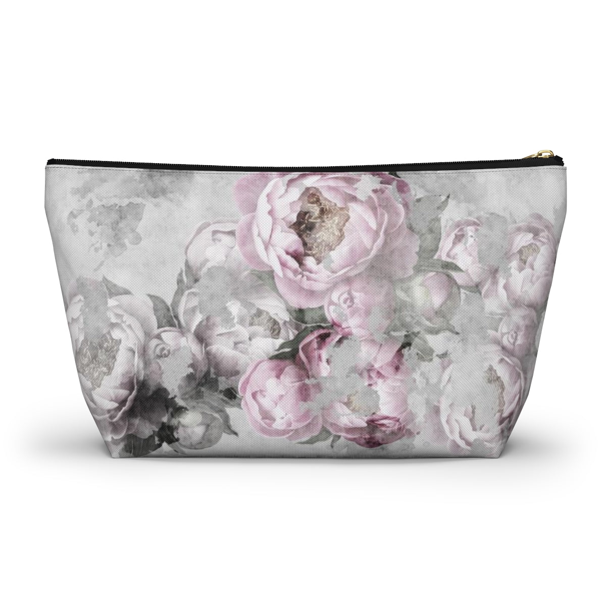 Peony Cosmetic Pouch w T-bottom, Accessory Pouch, Antiqued Pink and Grey