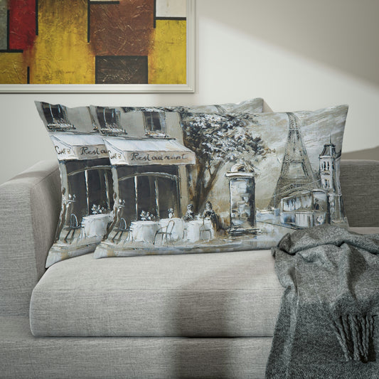 Cafe in Paris Pillow Shams - Eiffel Tower Painting Pillow Shams - Standard or King Pillow Size - Abstract Sepia Painting Bed Pillow Shams