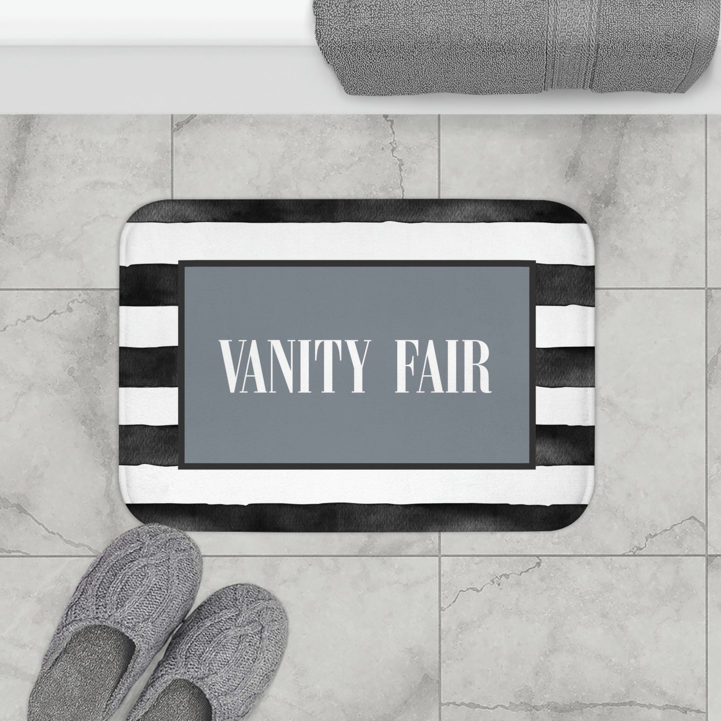 VANITY FAIR Stripe Bath Mat - Fashion Inspired Floor Mat - Black, White & Blue Bathroom Shower Mat