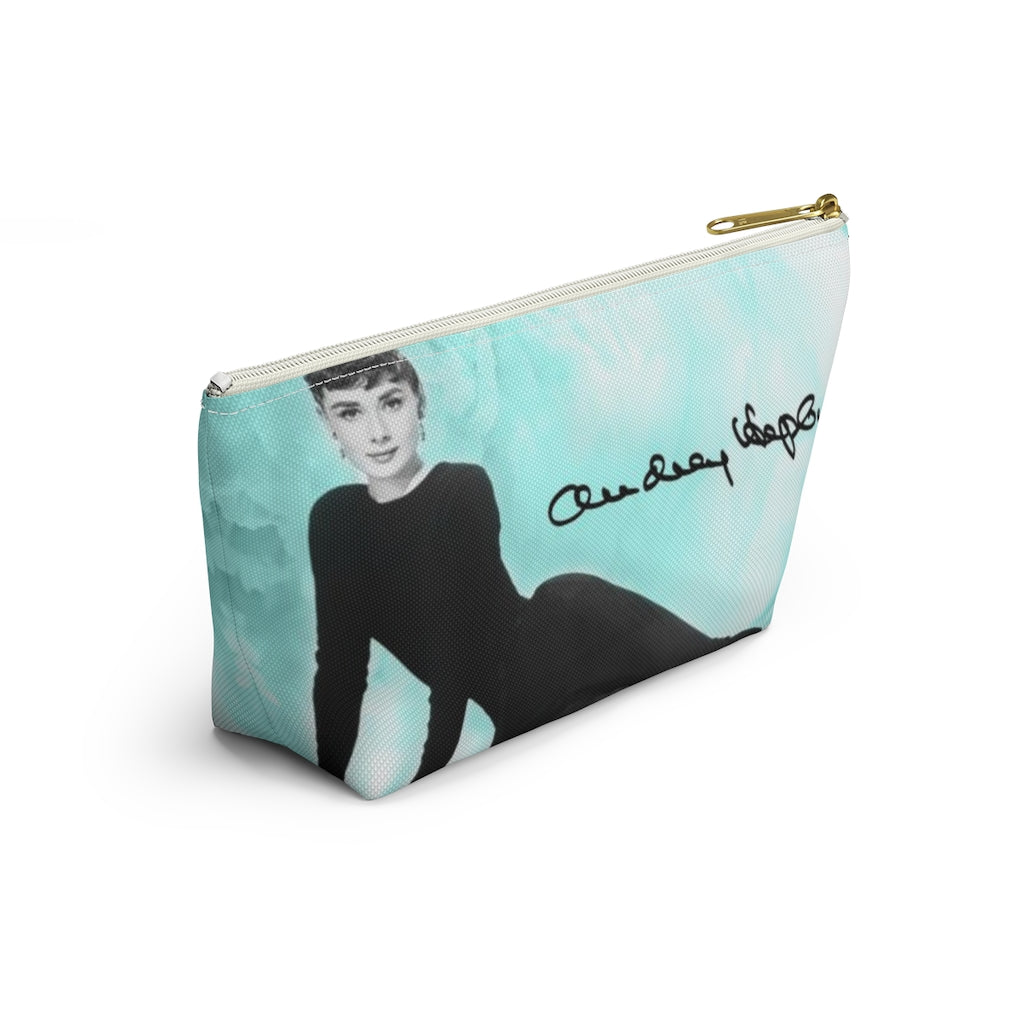 Audrey Hepburn Signature Cosmetic Pouch w T-bottom, Accessory Pouch, Blue Green