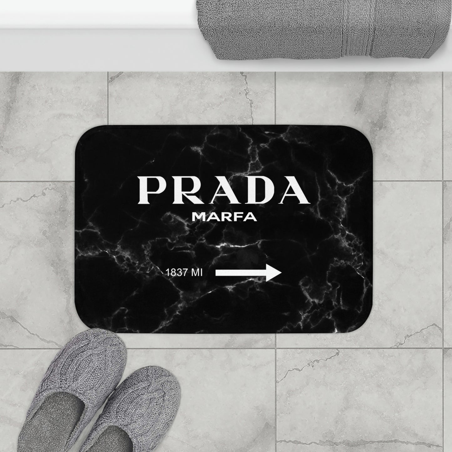 1837 MILES to MARFA Black Marble Bath Mat - Fashion Inspired Floor Mat - Marfa Texas Fashion Art Installation Sign