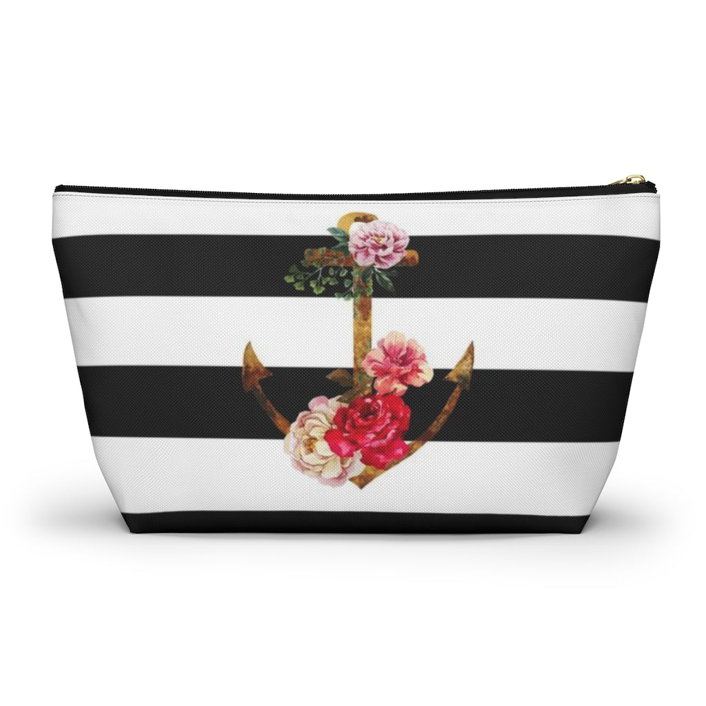 Nautical Cosmetic Pouch w T-bottom, Accessory Pouch, Anchor Flower Stripe