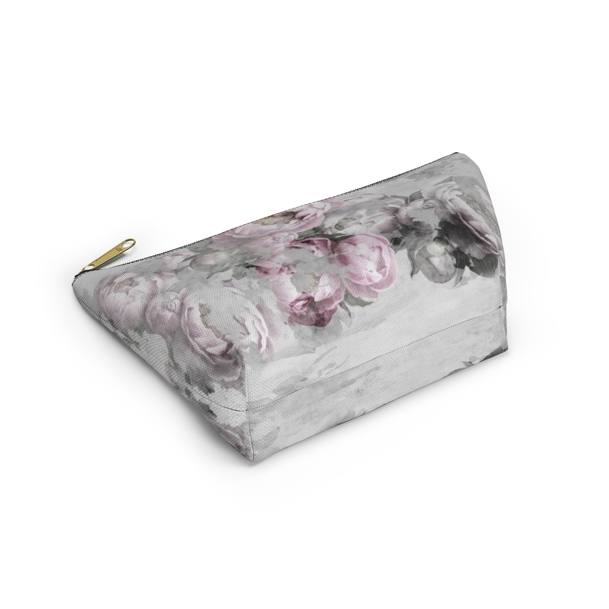 Peony Cosmetic Pouch w T-bottom, Accessory Pouch, Antiqued Pink and Grey