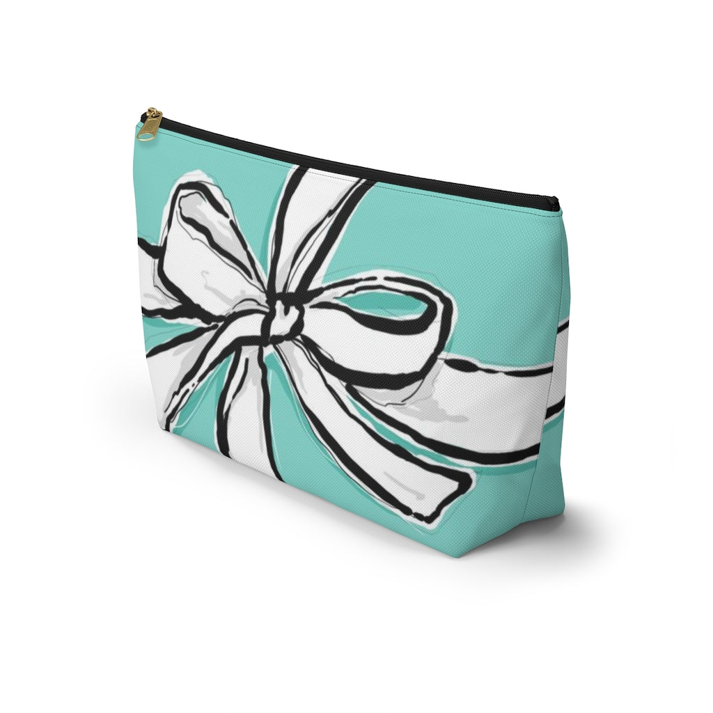 Blue Green Bow Cosmetic Pouch w T-bottom, Accessory Pouch, Breakfast at Tiffany