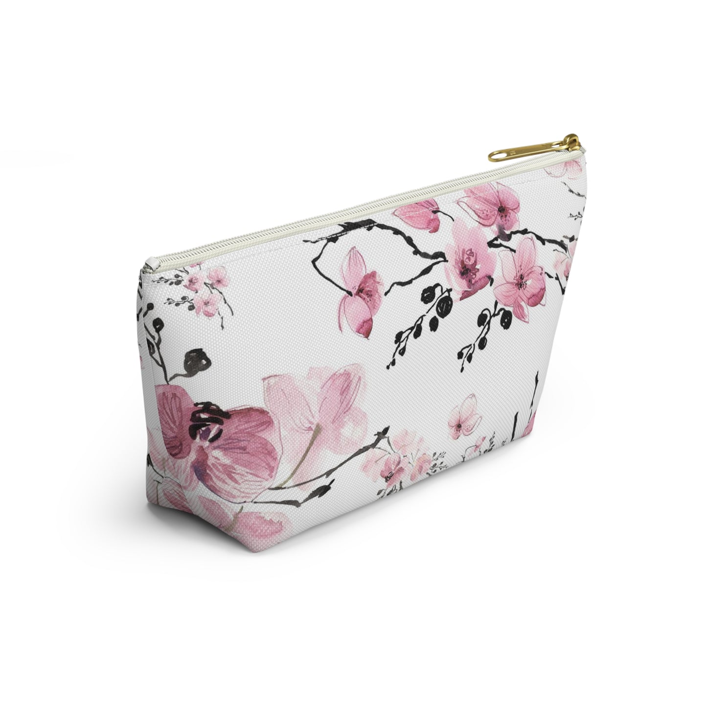 Sakura Cosmetic Pouch w T-bottom, Accessory Pouch - Pink Watercolor Cherry Blossom Makeup Bag