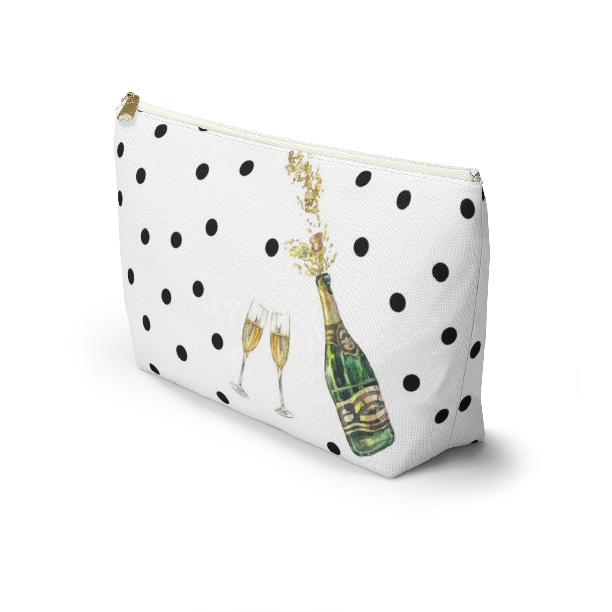 Personalized Champaign Cosmetic Pouch w T-bottom, Accessory Pouch, Celebration Polka Dot