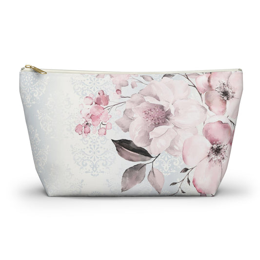 Personalized Pink Flower Damask - Cosmetic Pouch w T-bottom, Accessory Pouch