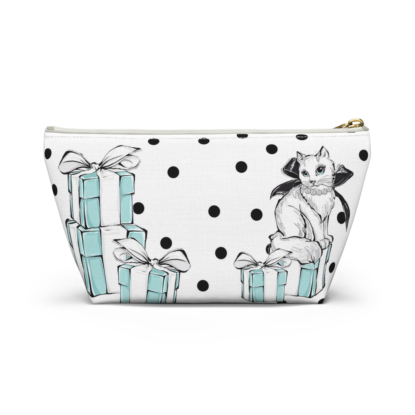 Personalized Kitty Cat Cosmetic Pouch w T-bottom, Accessory Pouch, Cats Polka Dot Breakfast at Tiffany