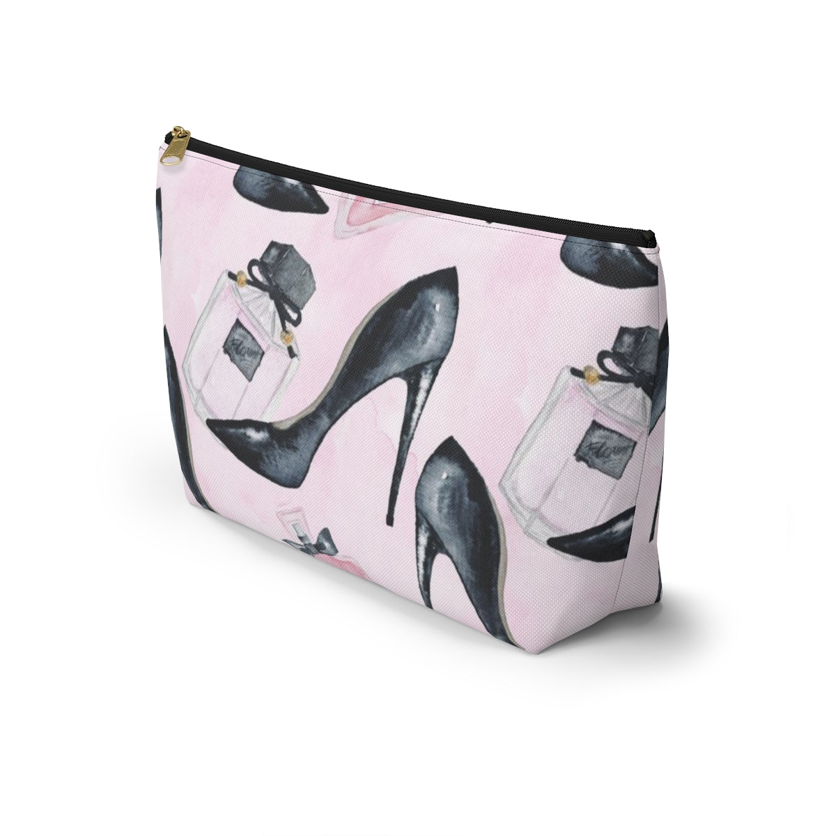 Pink Fashion Pouch w T-bottom, Accessory Pouch - Stilettos and Perfume