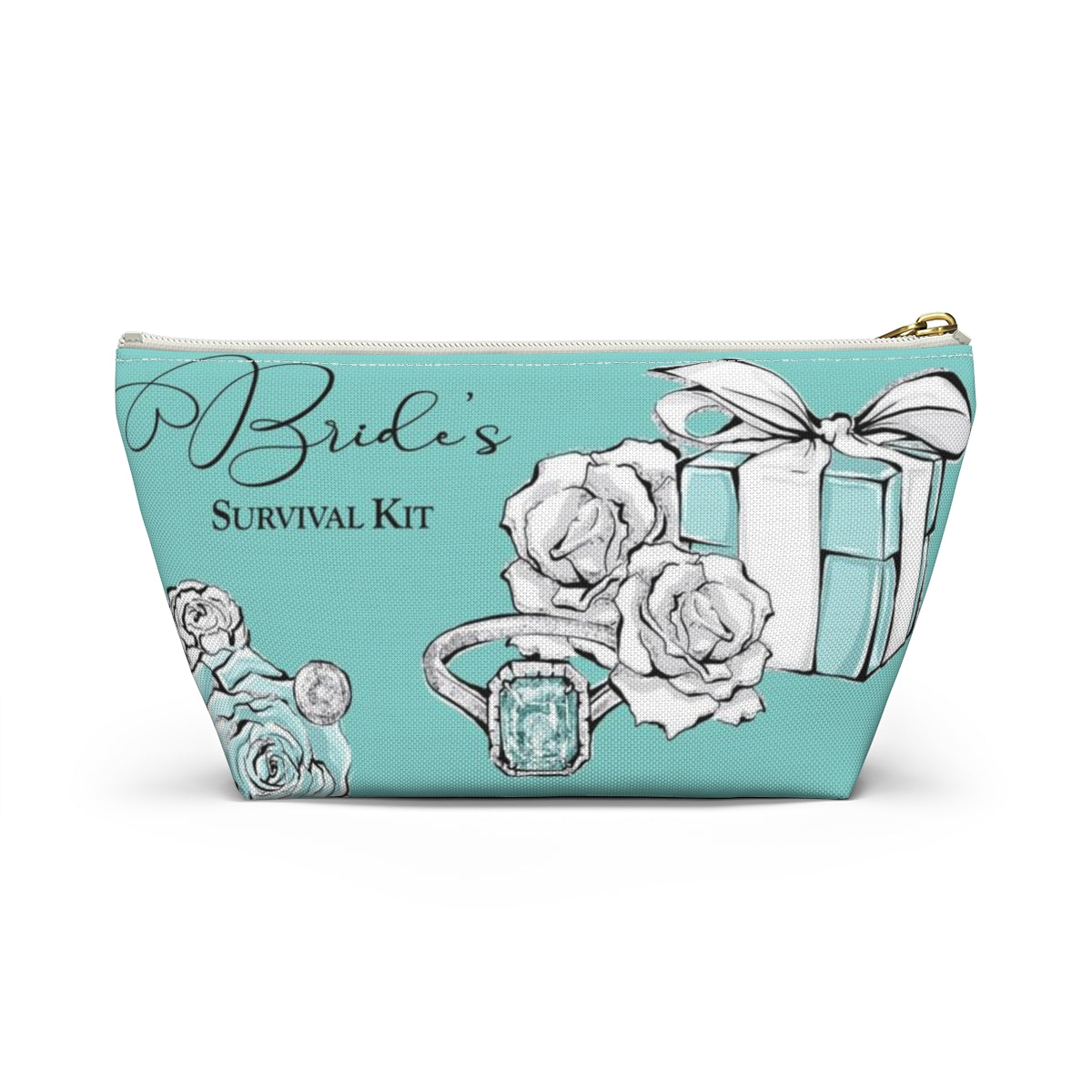 Brides Survival Kit Cosmetic Pouch w T-bottom, Accessory Pouch, Blue Green