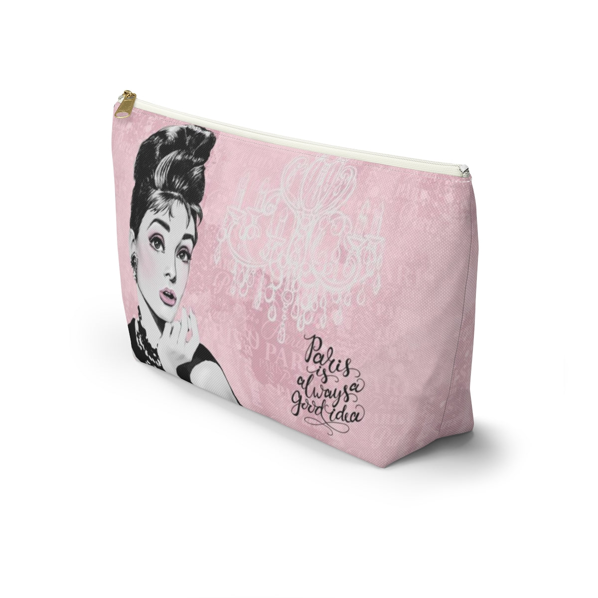 Audrey Hepburn Pouch w T-bottom, Accessory Pouch - Pink Paris is Always a Good Idea Chandelier Bag