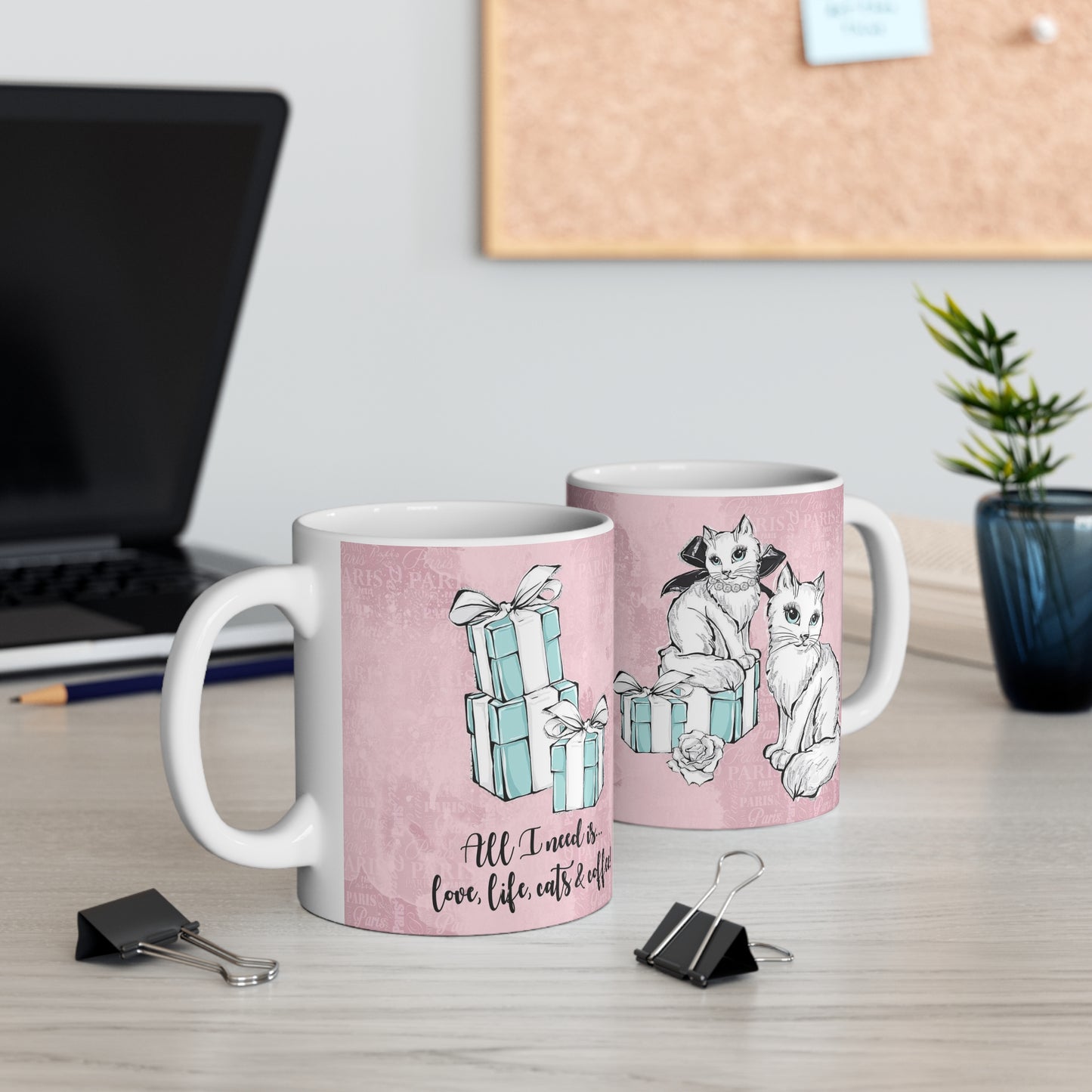 Cat Lovers Mug 11oz - Pink All I need is love life cat and coffee cup