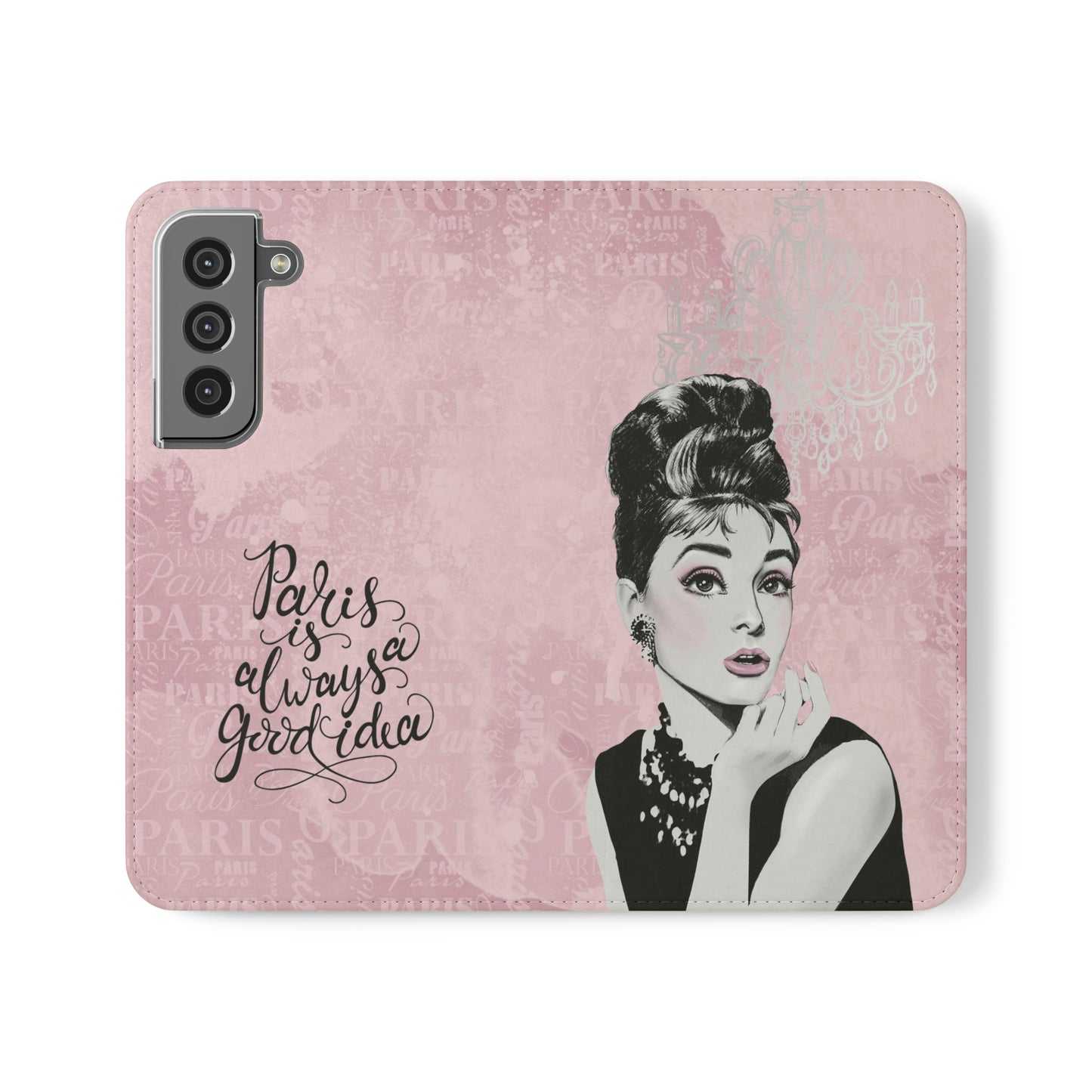 Audrey Hepburn Phone Case, Pink Paris Folio Phone Case, Paris is Always a Good Idea Smart Phone Folding Case