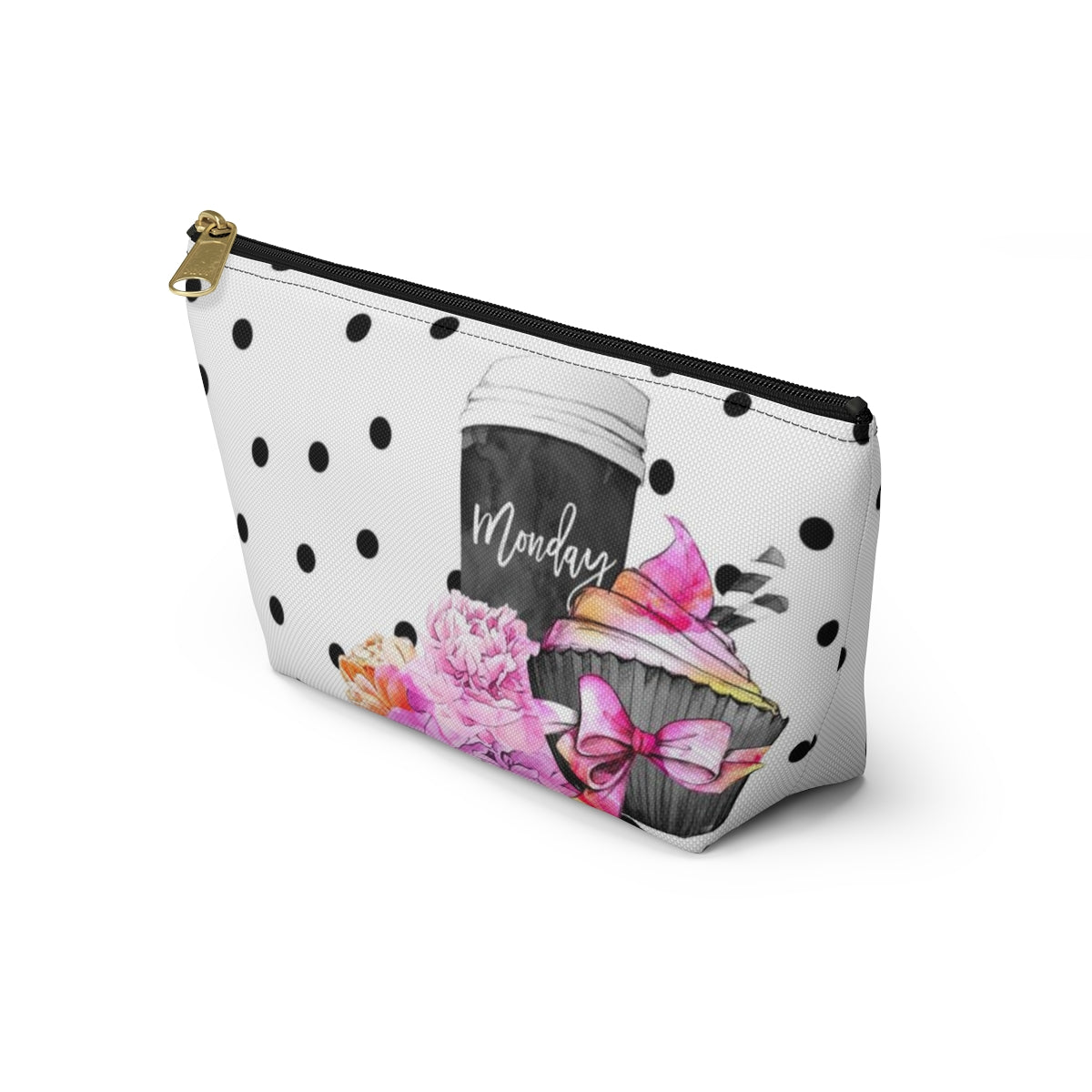 Personalized Coffee Monday Cosmetic Pouch w T-bottom, Accessory Pouch, Pink Cupcake Polka Dot