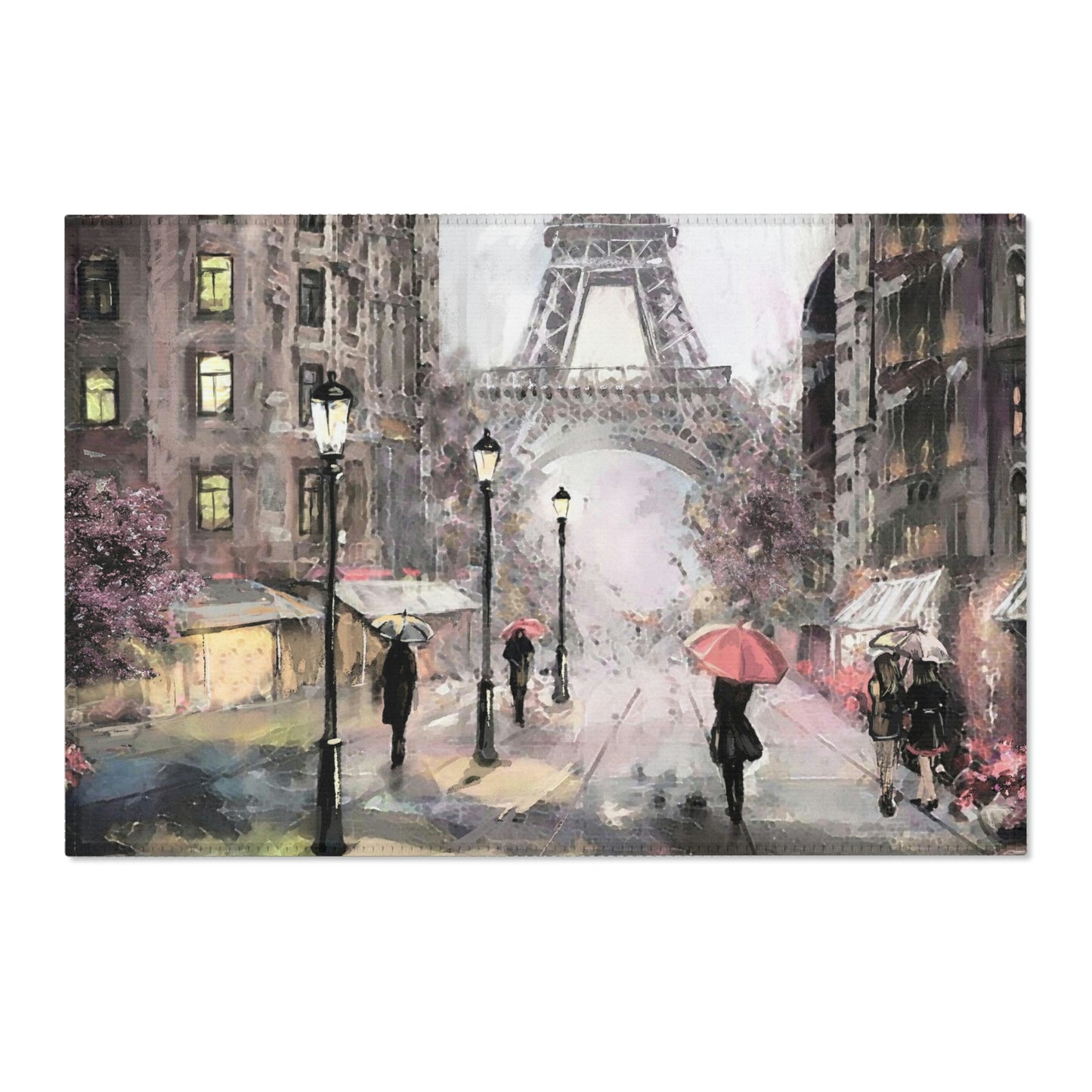 Eiffel Tower Area Rug - Abstract Paris Painting Peach Umbrella Floor Mat - Custom Designer Area Rug