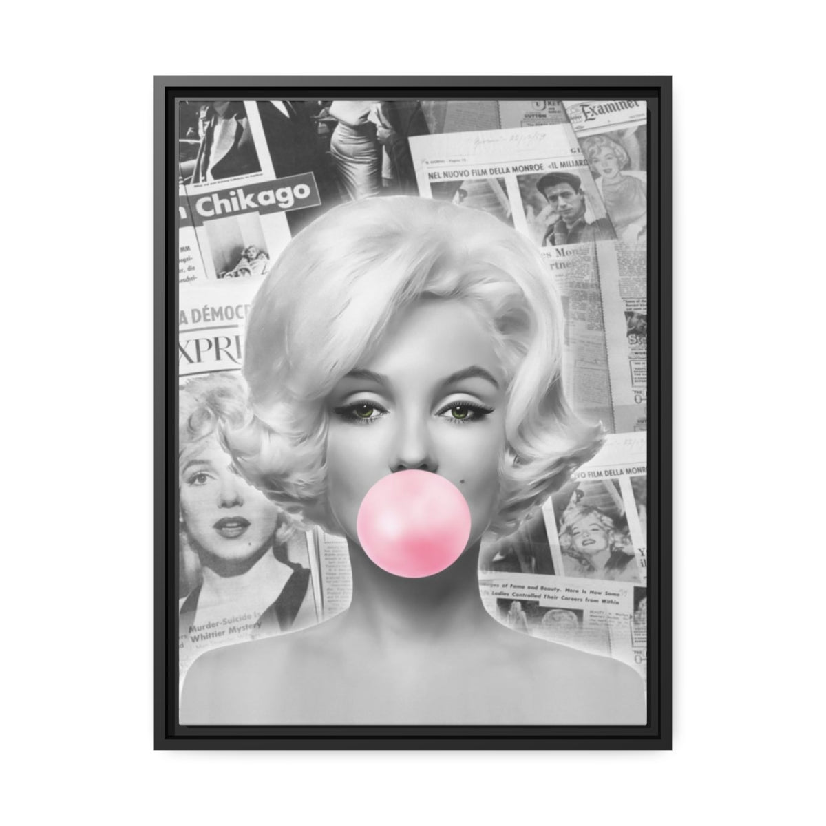 Marilyn Monroe Wall Canvas, Matte Canvas, Black Frame - International News Marilyn Bubblegum