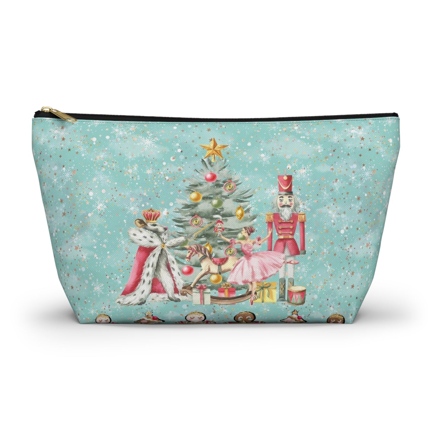 Nutcracker Gingerbread Cosmetic Pouch w T-bottom, Accessory Pouch - Blue Green Snowflake Nutcracker Ballet Makeup Bag