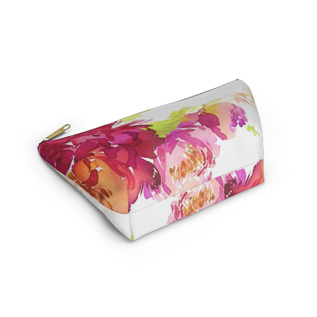 Bright Floral Cosmetic Pouch w T-bottom, Accessory Pouch, Pink