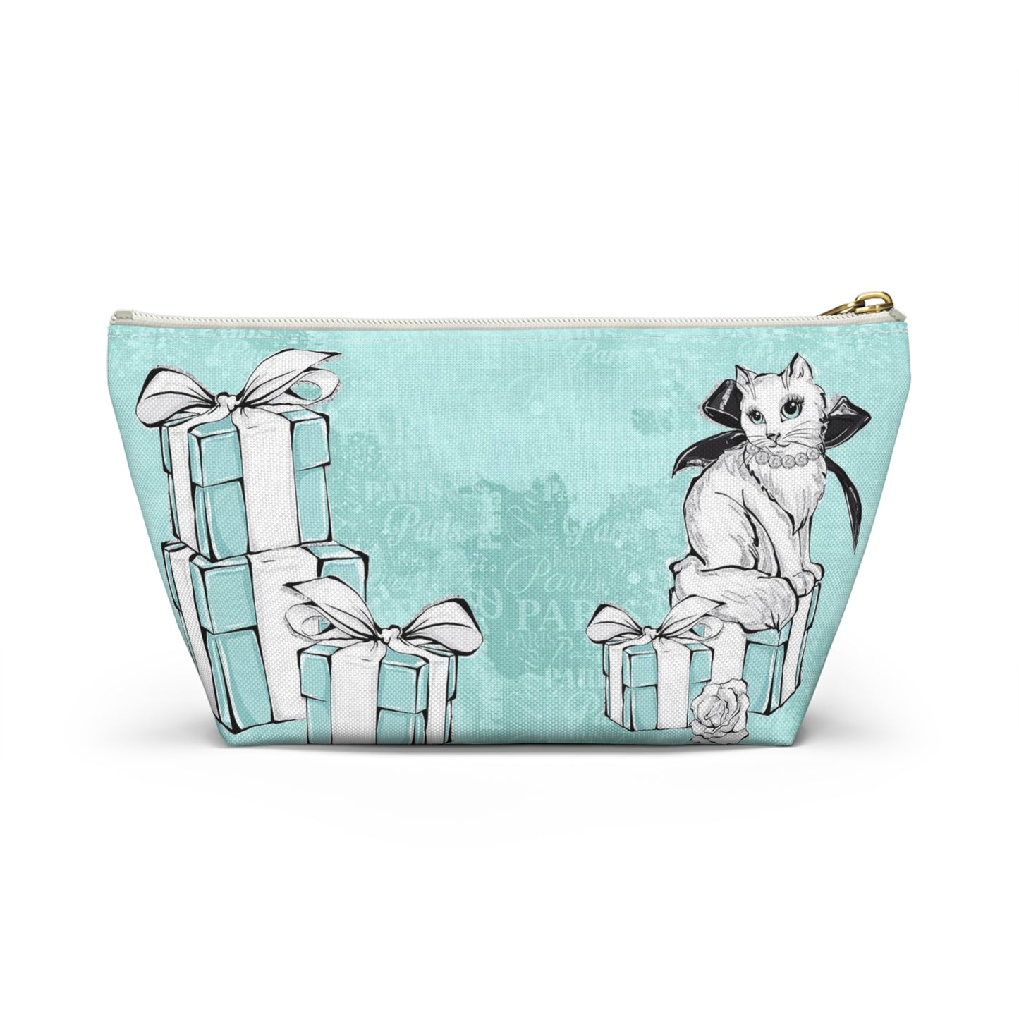 Personalized Kitty Cat Cosmetic Pouch w T-bottom, Accessory Pouch, Cat Lovers Little Blue Gift Box - Paris Blue