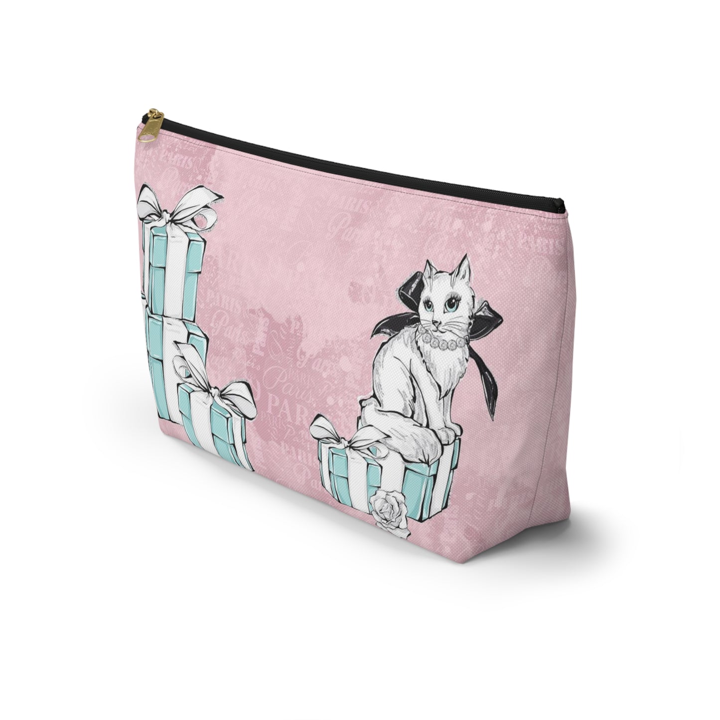 Personalized Kitty Cat Cosmetic Pouch w T-bottom, Accessory Pouch, Cat Lovers Little Blue Gift Box - Paris Pink