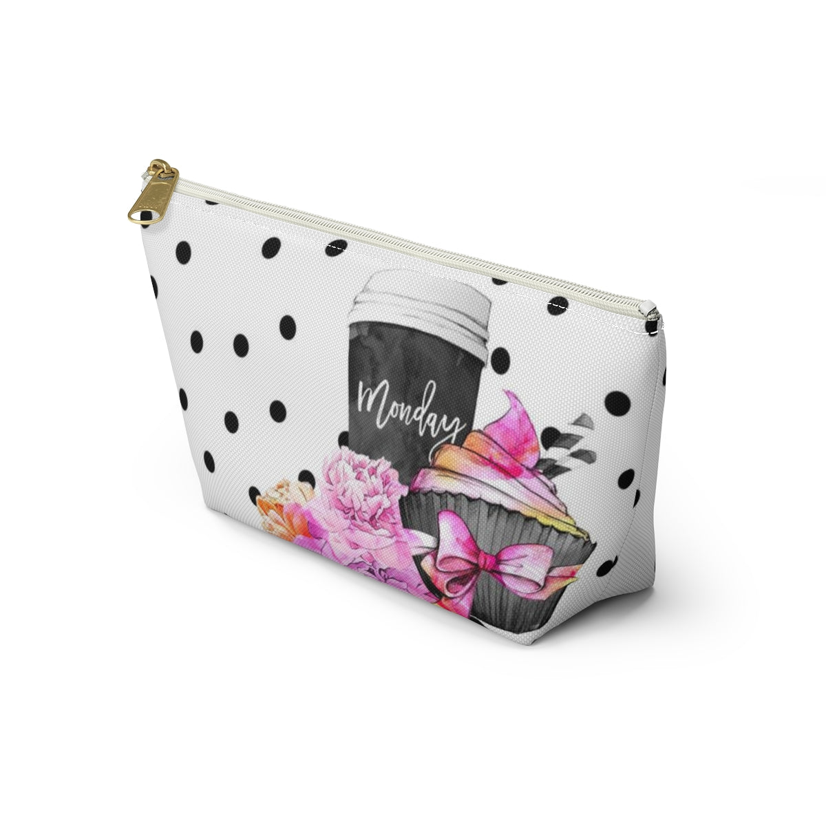 Personalized Coffee Monday Cosmetic Pouch w T-bottom, Accessory Pouch, Pink Cupcake Polka Dot