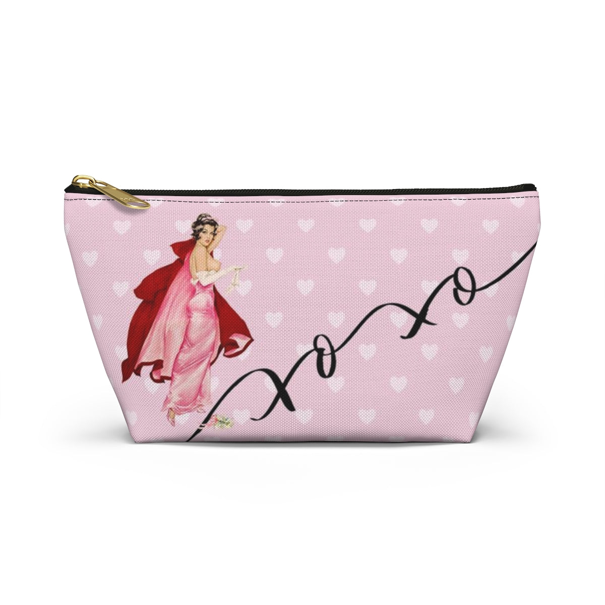 Personalized Pink Pinup Girl Cosmetic Pouch w T-bottom, Accessory Pouch - Red Riding Hood XOXO