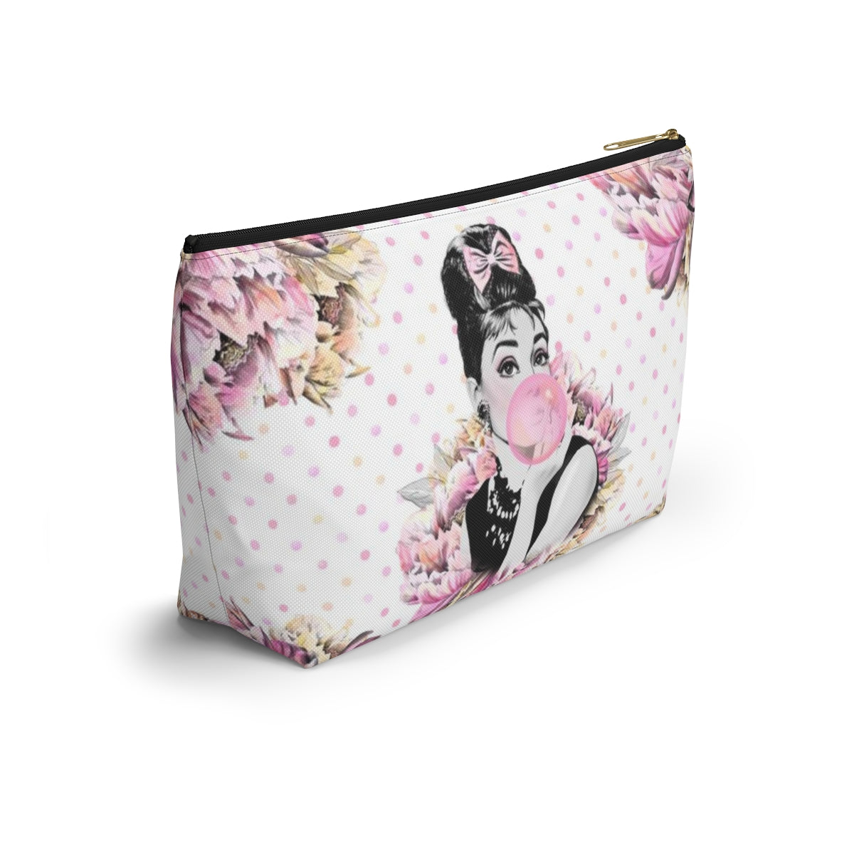 Audrey Hepburn Bubblegum Cosmetic Pouch w T-bottom, Accessory Pouch, Pink Polka Dot